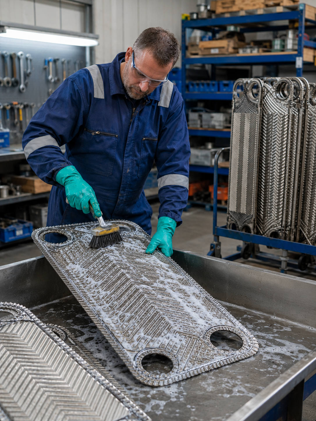 Heat exchanger plates removed for chemical cleaning and inspection